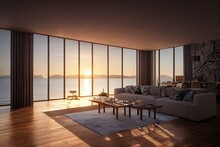 Dining And Living Room With A Sea View In A Luxurious Summer Beach Home With A Pool Next To A Wooden Patio. Large Gray Couch At A Holiday House Or Villa. Hotel Room Decor. Generative AI