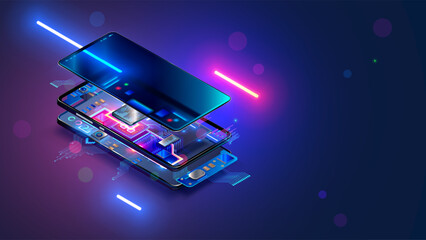 Poster - Mobile phone hardware electronic technology. Electronic chip, CPU of smartphone. Repair, maintenance phone banner. Disassembled components, processor of cellphone inside case. Development tech concept