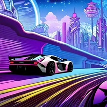 Illustration Of Super Cars , Alien Landscape , Epic Scene, A Lot Of Swirling Clouds, High Exposure, Highly Detailed, Fantastical, Vibrant Purple Tinted Colors