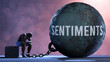 Sentiments - a gigantic and unmovable weight chained to a vulnerable and suffering person in pain, misery and helplessness. Cold and tragic condition created by Sentiments ,3d illustration
