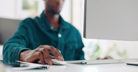 Aufkleber - Office computer mouse, hands and black man working feedback review of social media, customer experience or ecommerce. Website analytics, research report and media analyst doing online survey analysis