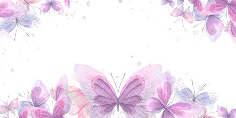 Lilac, pink and blue butterflies Watercolor illustration. Composition from the collection of CATS AND BUTTERFLIES. For the design and decoration of prints, postcards, posters