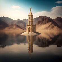 Architecture Photography A Church Covered By The Waters Of An Artificial Lake Only The Bell Tower Appears Flooding In The Background A Mountainous Desert Landscape Photography Leica M9 