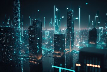 Abstract modern city in hologram. Technology background. Generative AI