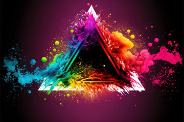 Triangle Happy Holi colorful background. Festival of colors, colorful rainbow holi paint color powder explosion isolated white wide panorama background.