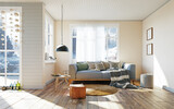 Fototapeta  - Comfortable sofa in scandinavian modern living room