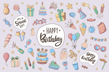Poster - Happy birthday cute stickers set in flat cartoon design. Collection of cake, candles, ice cream, champagne, glass, party garland, gift and other. Vector illustration for planner or organizer template