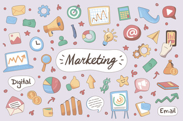 Poster - Marketing cute stickers set in flat cartoon design. Collection of strategy, megaphone, data analysis, diagram, email, laptop, target and other. Vector illustration for planner or organizer template