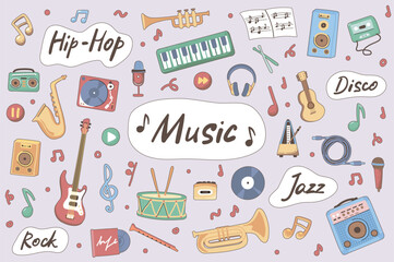 Poster - Music cute stickers set in flat cartoon design. Collection of jazz, hip hop, rock, disco, guitar, drums, trumpet, saxophone, piano and other. Vector illustration for planner or organizer template
