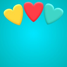 A 3D Illustration Three Colorful Heart Shape On Turquoise Background. Top View Of Romantic Symbol Of Valentines Day For Background Use. Concept Of Love, Romance, And Passion.