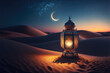 Islamic muslim holiday background with golden eid lamp in the desert with moonlight. Generative AI