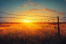 Sunrise Behind A Wooden Barbed Wire Fence Over Natural Prairie Grasslands In Alberta Canada. Generative AI