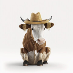 cow in a hat sitting with solid white background