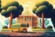 © Jorge Ferreiro - cartoon illustration, a city street with a school building and a yellow bus for schoolchildren AI generative