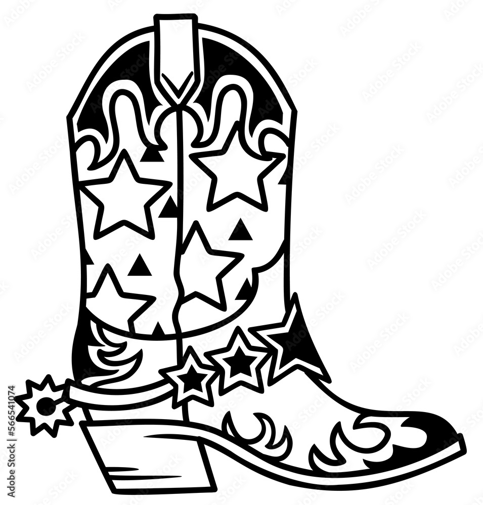 Cowboy boot western stars decoration. Vector hand drawn illustration of Cowboy  boot with stars decor printable outline style design. Cowgirl boots. Stock  Vector | Adobe Stock, image size:955x1000