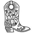 © GeraKTV - Cowboy boot cactus decoration. Vector hand drawn illustration of Cowboy boot with cactuses decor printable black outline style design. Cowgirl wild west boots.
