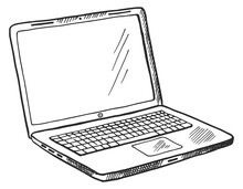 Laptop Sketch. Open Computer With Blank Screen In Hand Drawn Style