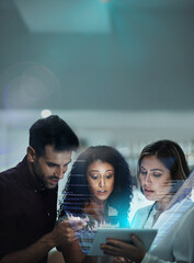 Fototapete - Tech hologram, futuristic overlay and tablet with statistics and investment team planning. Finance hologram, analytics and information technology with employee group working on collaboration