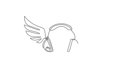 Wall Mural - Self drawing animation of single one line draw headphones with wings symbol. Pictograph of headphone wings music for template flat logo, icon, and identity. Continuous line draw. Full length animated