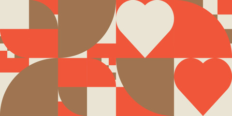 Fototapete - Romantic vector abstract  geometric background with hearts, circles, rectangles and squares  in retro Scandinavian style. Pastel colored simple shapes graphic pattern. Abstract mosaic artwork.