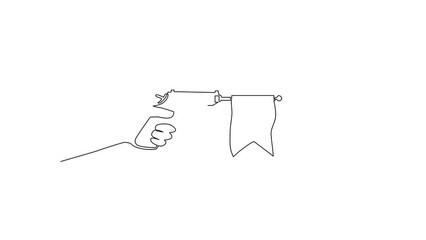 Wall Mural - Animated self drawing of continuous one line draw hand holding shooting toy gun pistol with empty flag. Weapon pistol toy isolated. Element of joke surprise day icon. Full length single line animation