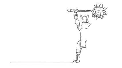 Wall Mural - Animated self drawing of continuous line draw nordic holding mace up in air. Vector of warrior wearing viking war armor. Character from pagan and scandinavian mythology. Full length one line animation