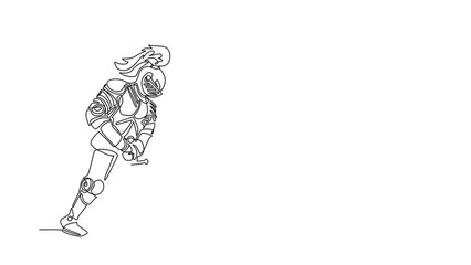 Wall Mural - Animated self drawing of continuous line draw knight in armor, cape and helmet with feather. Warrior of middle ages standing tries to draw excalibur sword from stone. Full length single line animation