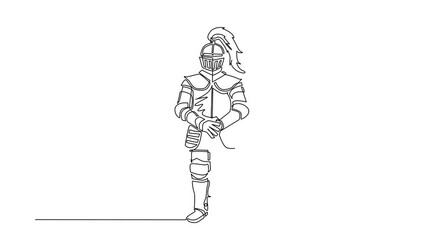 Wall Mural - Animated self drawing of continuous line draw knight in armor, cape and helmet with feather. Warrior of middle ages standing and leaning on sword. Chivalry figure. Full length single line animation