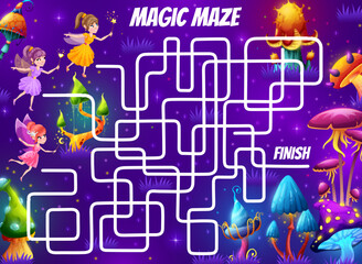 Wall Mural - Labyrinth maze, cartoon fairy in magic mushrooms forest. Kids vector boardgame, worksheet riddle help pixies find correct way in night fantasy wood. Quiz task with tangled path and faerie personages