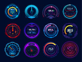 Fototapeta  - Futuristic car speedometer gauge dials, neon led speed meter, vector dashboard. Digital speedometers, car races interface counters and tachometer indicator or gauge dial panel or loading bars