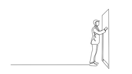 Wall Mural - Self drawing animation of single line draw businessman knocking at door. Man at entrance of room knocking door. Male in business suit is knocking at door. Continuous line draw. Full length animated