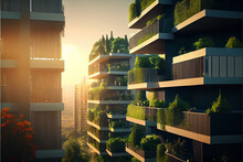 Modern Environmental Residential City District With Green Trees And Garden On Balcony. Green Futuristic Skyscraper, Environment And Architecture Concepts. High Quality Ai Generated Illustration.