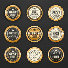 best choice golden badges and labels, premium quality gold award emblems, vector. best choice golden
