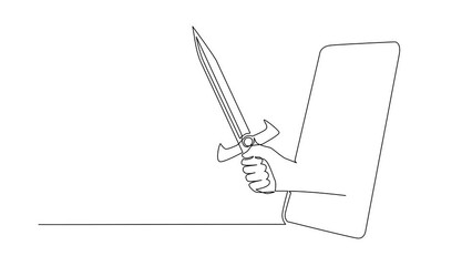 Wall Mural - Animated self drawing of continuous line draw hand hold sword warrior through mobile phone. Concept of mobile games, e-sport, entertainment application for smartphones. Full length one line animation