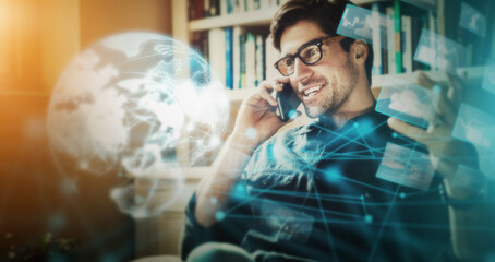 Leinwandbilder - World hologram, digital transformation and futuristic, man and phone call, communication and cyber space overlay. Internet, future technology and ai, 3d global network and virtual business meeting