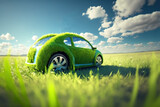 Fototapeta Natura - Eco friendly car development; clear ecology driving; no pollution and emmission transportation concept. green car icon on fresh spring meadow with blue sky in background. Generative AI