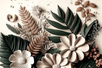 Wall Mural - Abstract tropical leaves and flowers background. Realistic clay render illustration
