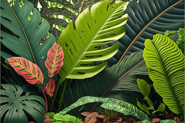 Wall Mural - Abstract tropical leaves and flowers background. Realistic clay render illustration