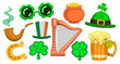 Set of Irish St. Patrick's Day paraphernalia, symbols of Ireland harp, trefoil and four-leaf clover symbols of good luck, pot of gold, smoking pipe or mug of ale. Vector illustration