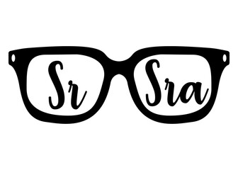 Sticker - Logo aislado con silueta de gafas de sol con letras de palabra Sr y Sra en español en texto manuscrito para su uso en invitaciones y tarjetas