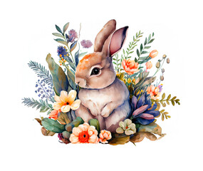 Wall Mural - Watercolor painting of rabbit floral vignette as illustration of Easter bunny hiding in flowers generative AI art