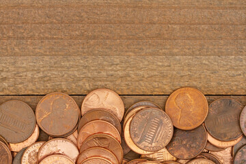 Wall Mural - Lots of pennies money background with weathered wood