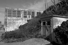 Black And White Image Of An Indusrial Building At Alcatraz.