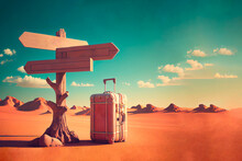 Generative AI Illustration Of A Pink Suitcase Near Signpost On The Desert, Travel Concept