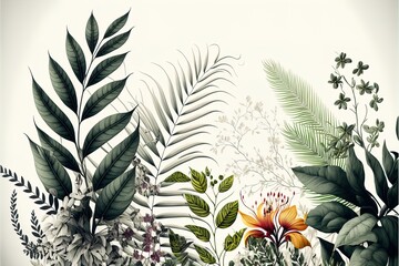 Wall Mural - Abstract tropical leaves and flowers on isolated white background with empty space for text.