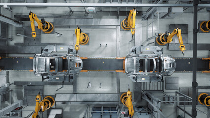 Aerial Car Factory 3D Concept: Automated Robot Arm Assembly Line Manufacturing Advanced High-Tech Green Energy Electric Vehicles. Construction, Building, Welding Industrial Production Conveyor
