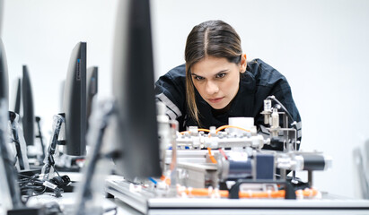 Computer science development engineer working on robotic arm connection and control at electronic futuristic technology center. Modern people training in industry 4.0 automated engineering workshop