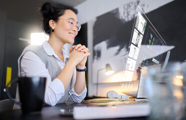 Poster - Digital overlay, futuristic computer data and ai hologram with a asian woman with 3d design. Ux, future and laptop infographic of a virtual reality designer employee doing a graphic analysis on web