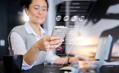 Leinwandbilder - Smart home technology, phone dashboard and woman programming safety security, digital ai network or house automation. Software system hud, virtual ui screen and Asian person with futuristic IOT app