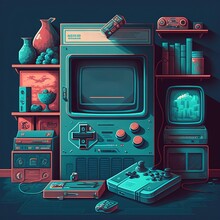 Retro Gaming Console And Pad In Room, Created Using Generative Ai Technology